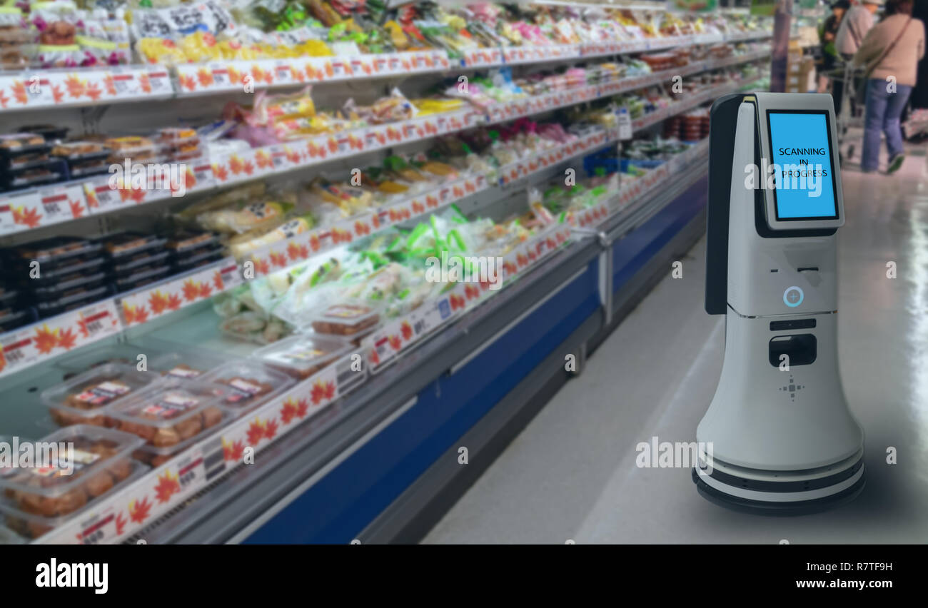 Smart concetto di vendita al dettaglio, il robot service utilizzano per controllare i dati di o nei negozi che vendono merci sui ripiani facilmente visto il codice a barre e i prezzi o la foto com Foto Stock Smart concetto di vendita al dettaglio, il robot service utilizzano per controllare i dati di o nei negozi che vendono merci sui ripiani facilmente visto il codice a barre e i prezzi o la foto com Foto Stock
