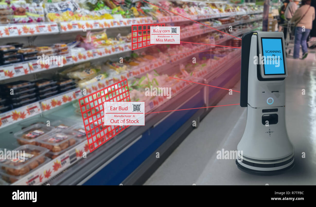 Smart concetto di vendita al dettaglio, il robot service utilizzano per controllare i dati di o nei negozi che vendono merci sui ripiani facilmente visto il codice a barre e i prezzi o la foto com Foto Stock Smart concetto di vendita al dettaglio, il robot service utilizzano per controllare i dati di o nei negozi che vendono merci sui ripiani facilmente visto il codice a barre e i prezzi o la foto com Foto Stock