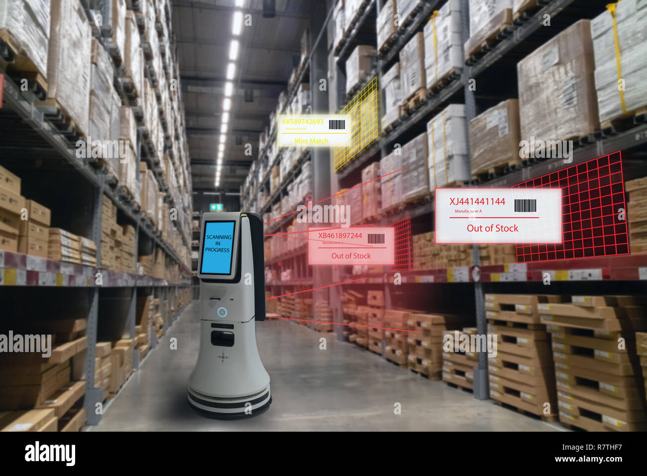 Smart concetto di vendita al dettaglio, il robot service utilizzano per controllare i dati di o nei negozi che vendono merci sui ripiani facilmente visto il codice a barre e i prezzi o la foto com Foto Stock Smart concetto di vendita al dettaglio, il robot service utilizzano per controllare i dati di o nei negozi che vendono merci sui ripiani facilmente visto il codice a barre e i prezzi o la foto com Foto Stock