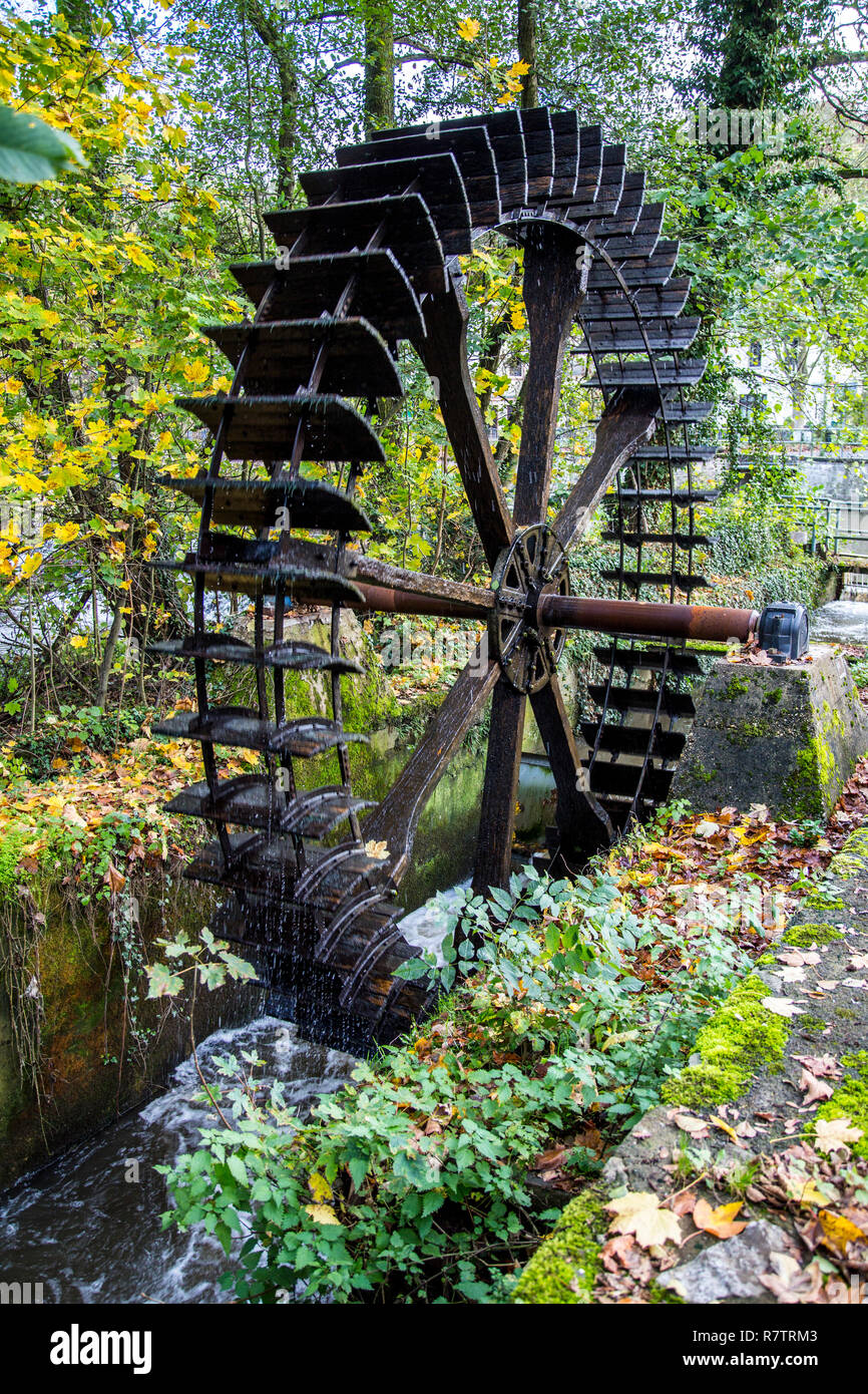 Storica ruota di acqua dell'ex fulling mill sul Fiume Lahn, Limburg an der Lahn, Hesse, Germania Foto Stock