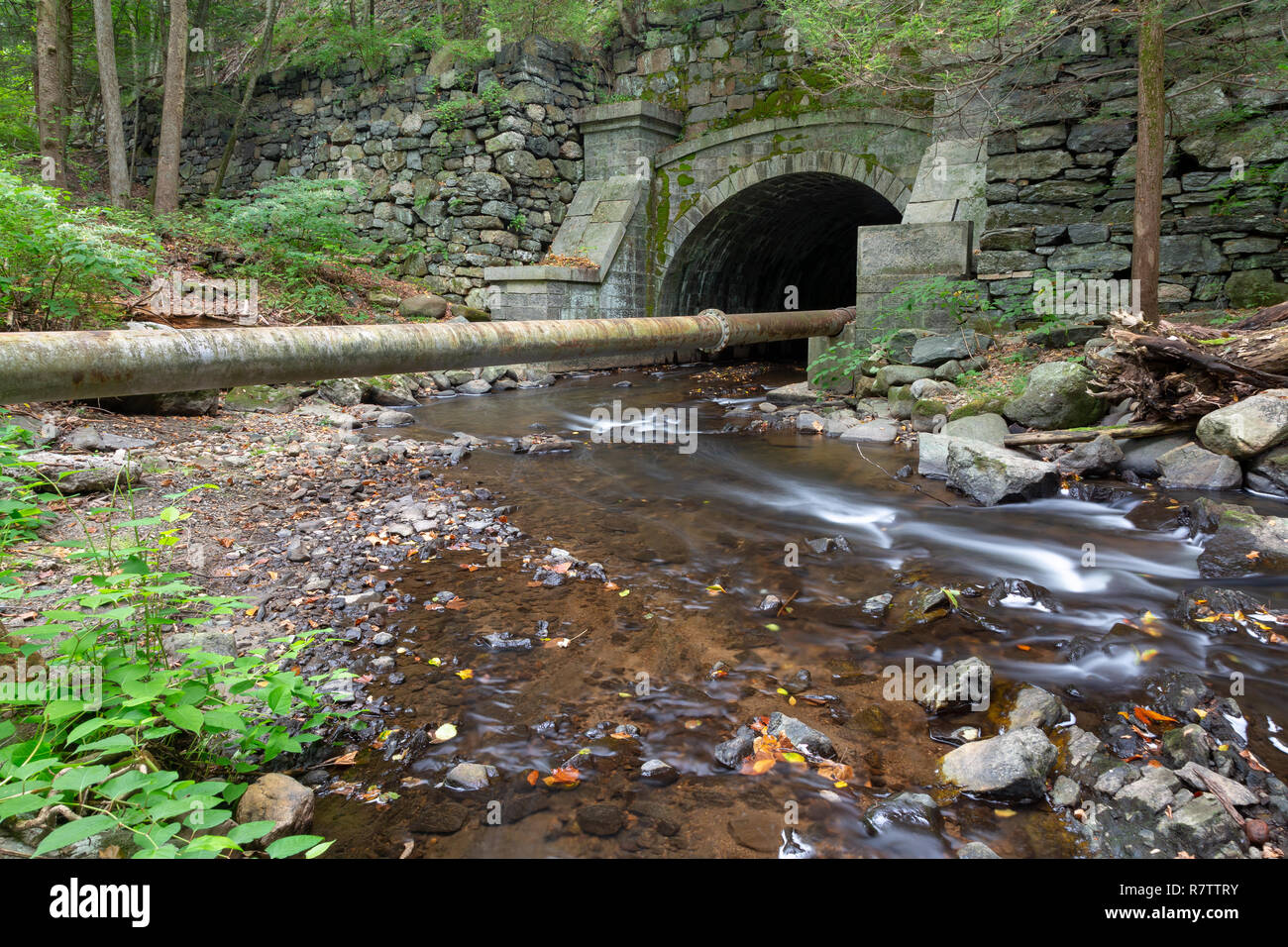 Il Pocantico fiume che scorre verso un vecchio tunnel costruito in pietra e mattoni. Rockefeller parco dello stato preservare, New York Foto Stock