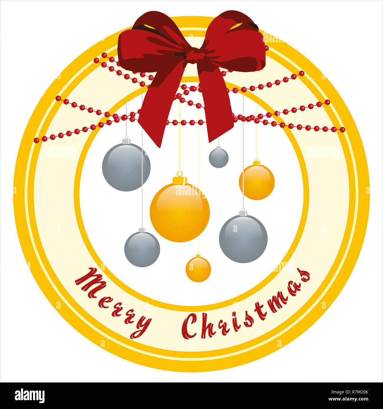 Buon Natale cornice rotonda con sfere e nastro rosso bow, illustrazione di sfondo Foto Stock
