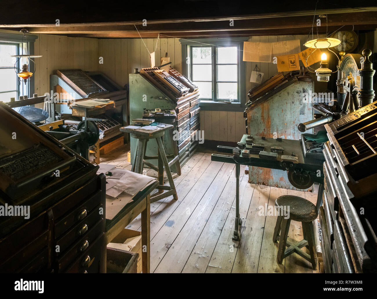 Print shop all'artigianato Luostarinmäki Museum, un'area di 200 anni di vecchi edifici in legno che è sopravvissuto il fuoco del 1827, Turku, Finlandia Foto Stock