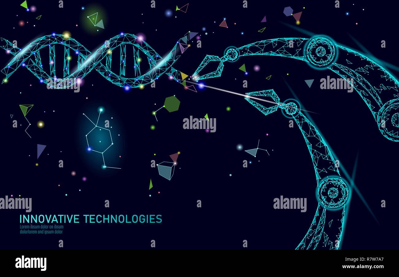 Il DNA 3D di modifica della struttura il concetto di medicina. Bassa poli triangolo poligonale la terapia genica di curare malattie genetiche. Ingegneria OGM CRISPR CAS9 innovazione tecnologia moderna scienza banner illustrazione vettoriale Illustrazione Vettoriale
