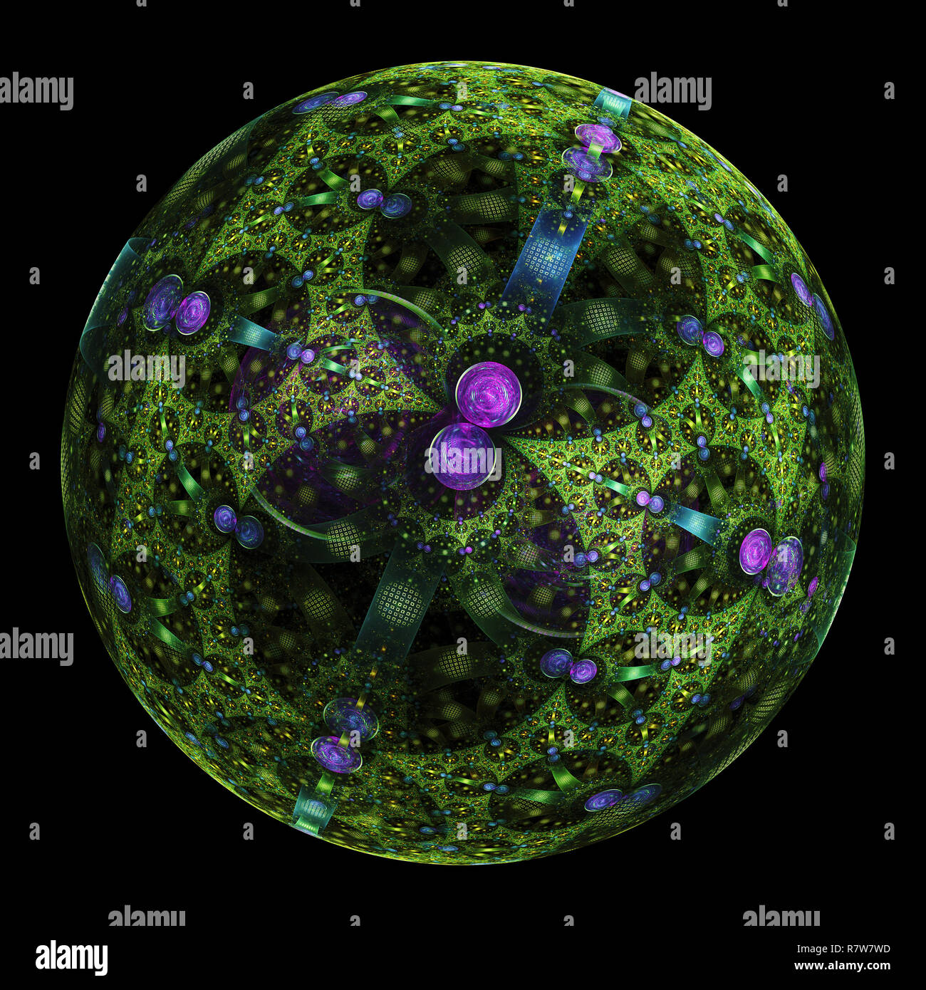Fantastici frattale a sfera con flora pattern in verde e viola Foto Stock
