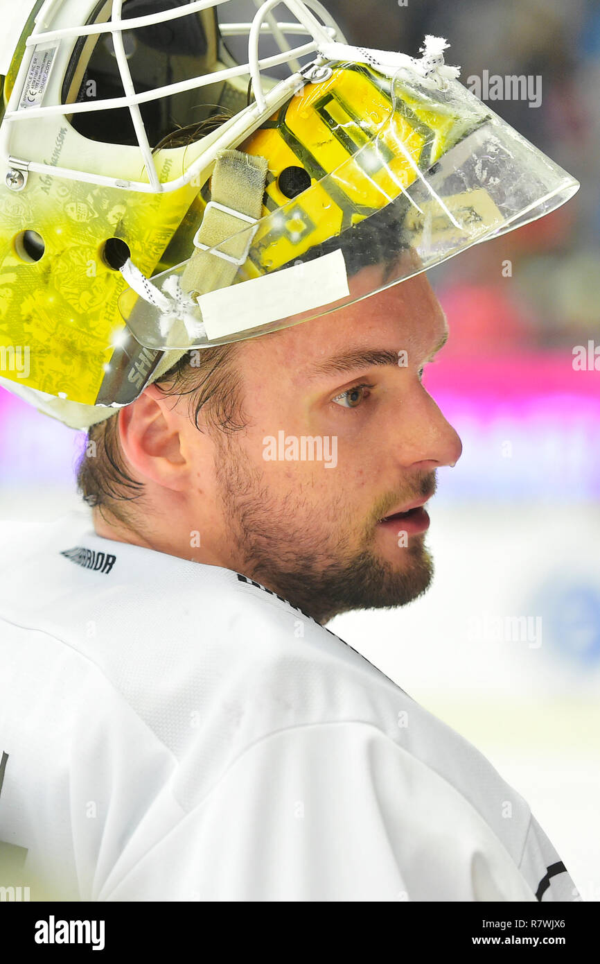 Pilsen, Repubblica Ceca. Undicesimo Dec, 2018. Il portiere Gustaf Lindvall (Skelleftea) durante l'hockey su ghiaccio Champions League playoff quarterfinal seconda gamba gioco HC Skoda Plzen vs Skelleftea AIK, giocato in Pilsen, Repubblica Ceca, Martedì, Dicembre 11, 2018. Credito: Miroslav Chaloupka/CTK foto/Alamy Live News Foto Stock