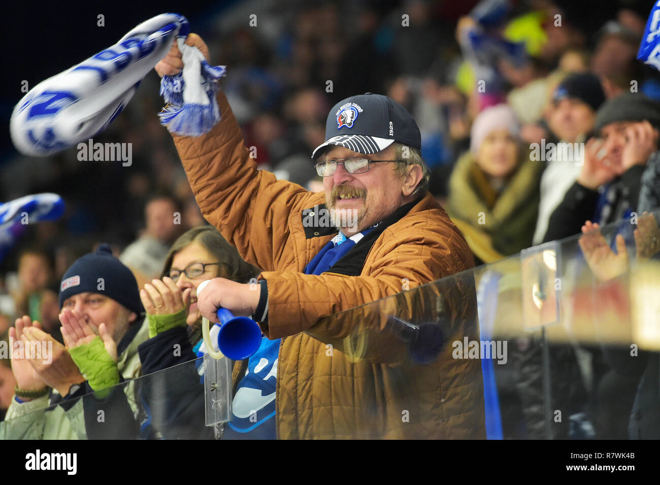 Pilsen, Repubblica Ceca. Undicesimo Dec, 2018. Gli appassionati di Pilsen durante l'hockey su ghiaccio Champions League playoff quarterfinal seconda gamba gioco HC Skoda Plzen vs Skelleftea AIK, giocato in Pilsen, Repubblica Ceca, Martedì, Dicembre 11, 2018. Credito: Miroslav Chaloupka/CTK foto/Alamy Live News Foto Stock