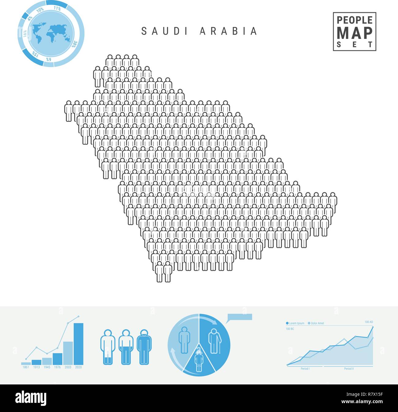 Arabia Saudita icona Persone Mappa. Vettore stilizzati Silhouette di Arabia Saudita. Tasso di crescita e di invecchiamento della popolazione Infographics Illustrazione Vettoriale