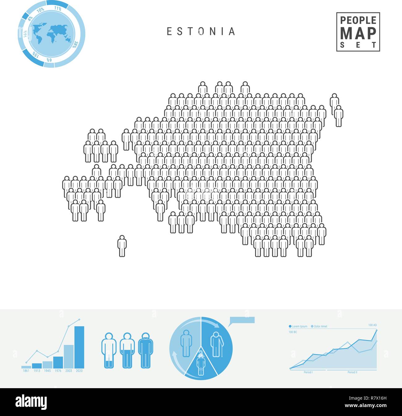 Estonia icona Persone Mappa. Vettore stilizzati silhouette dell'Estonia. Tasso di crescita e di invecchiamento della popolazione Infographics Illustrazione Vettoriale