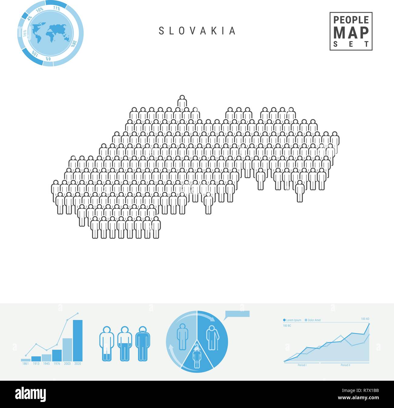 La Slovacchia Persone Mappa Icona. Vettore stilizzati Silhouette della Slovacchia. Tasso di crescita e di invecchiamento della popolazione Infographics Illustrazione Vettoriale