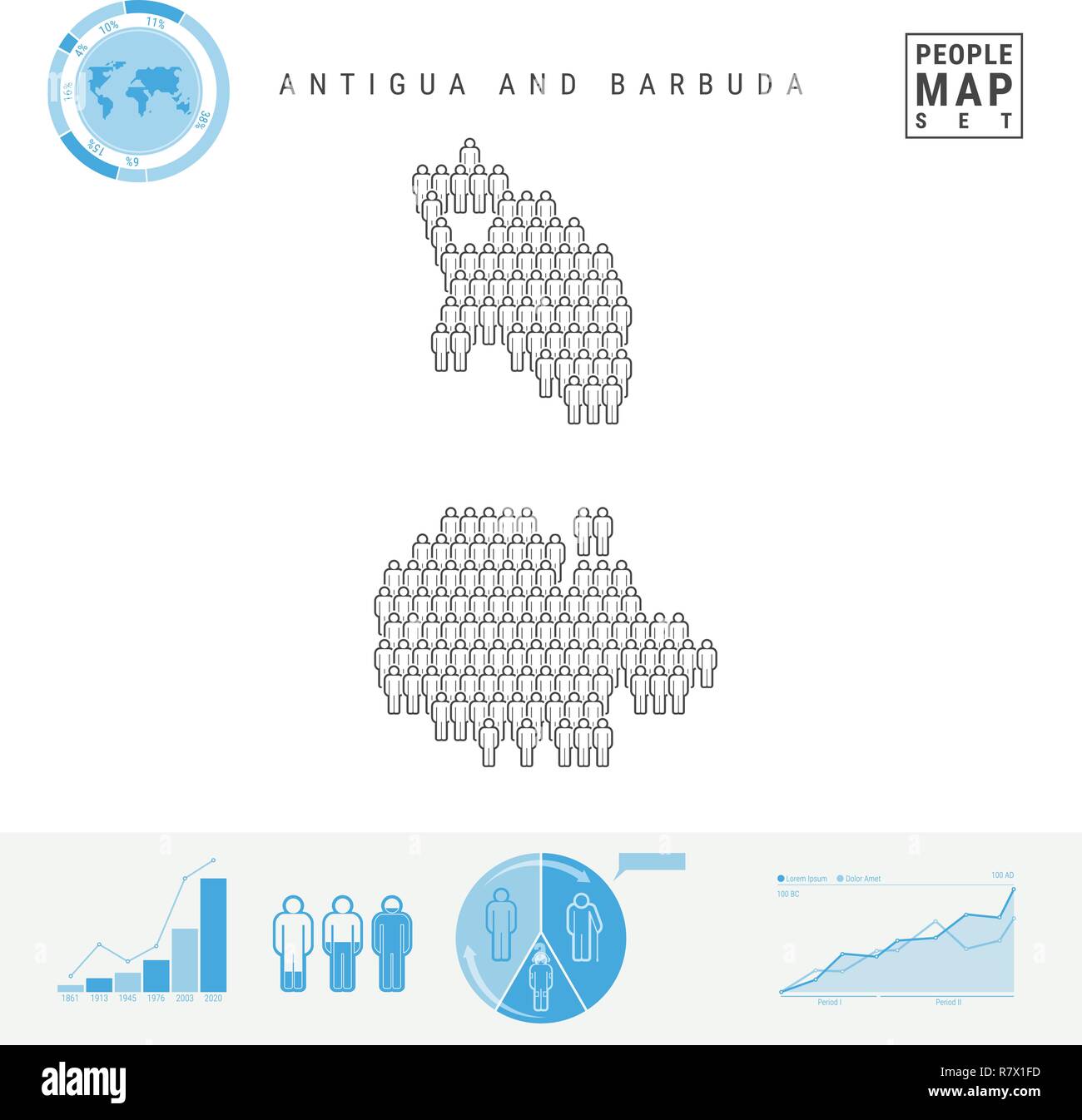 Antigua e Barbuda icona Persone Mappa. Vettore stilizzati Silhouette. Tasso di crescita e di invecchiamento della popolazione Infographics Illustrazione Vettoriale