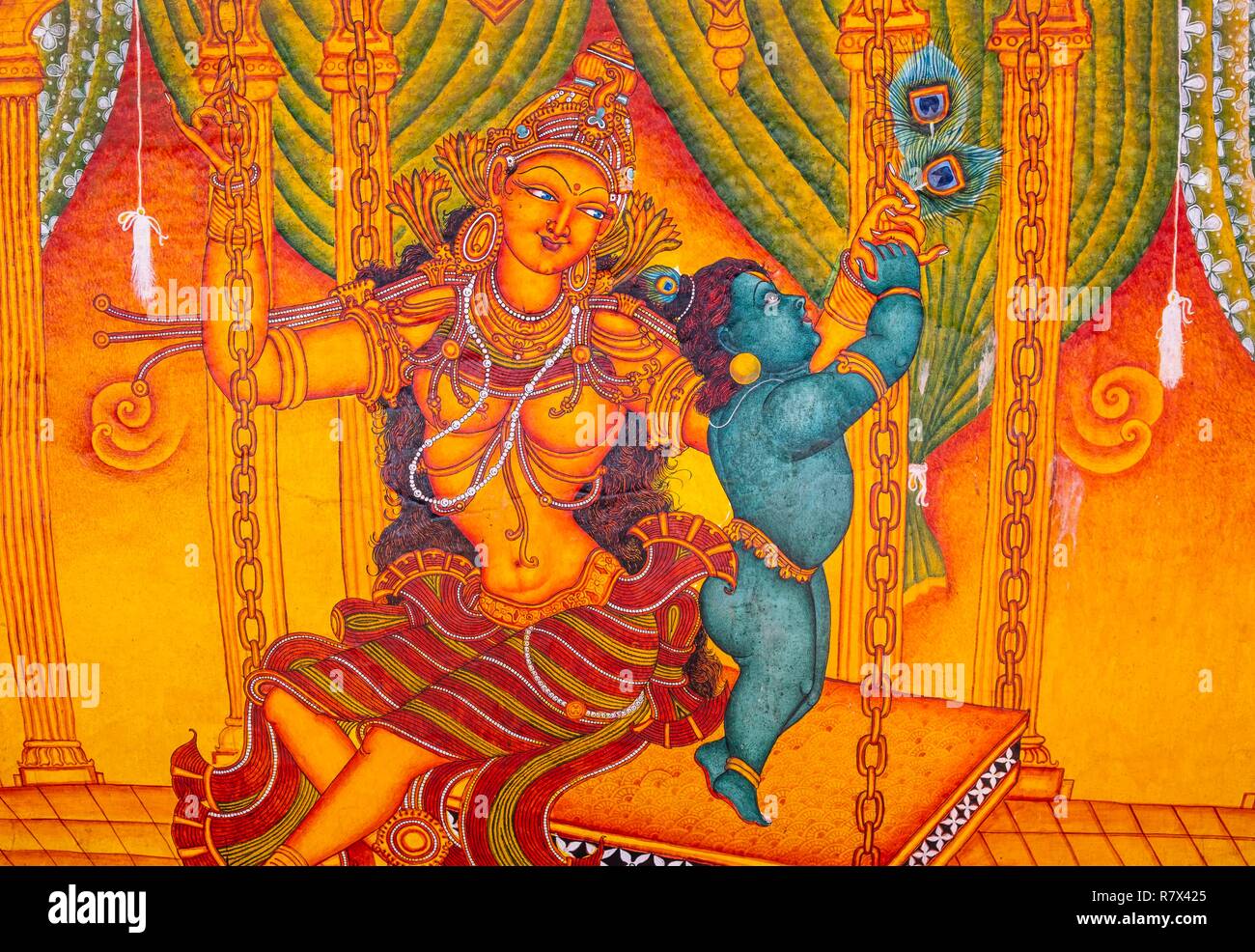 India, stato del Kerala, Guruvayur, luogo di pellegrinaggio in Sri Krishna temple, dipinti ad affresco raffigurante Krishna la vita Foto Stock