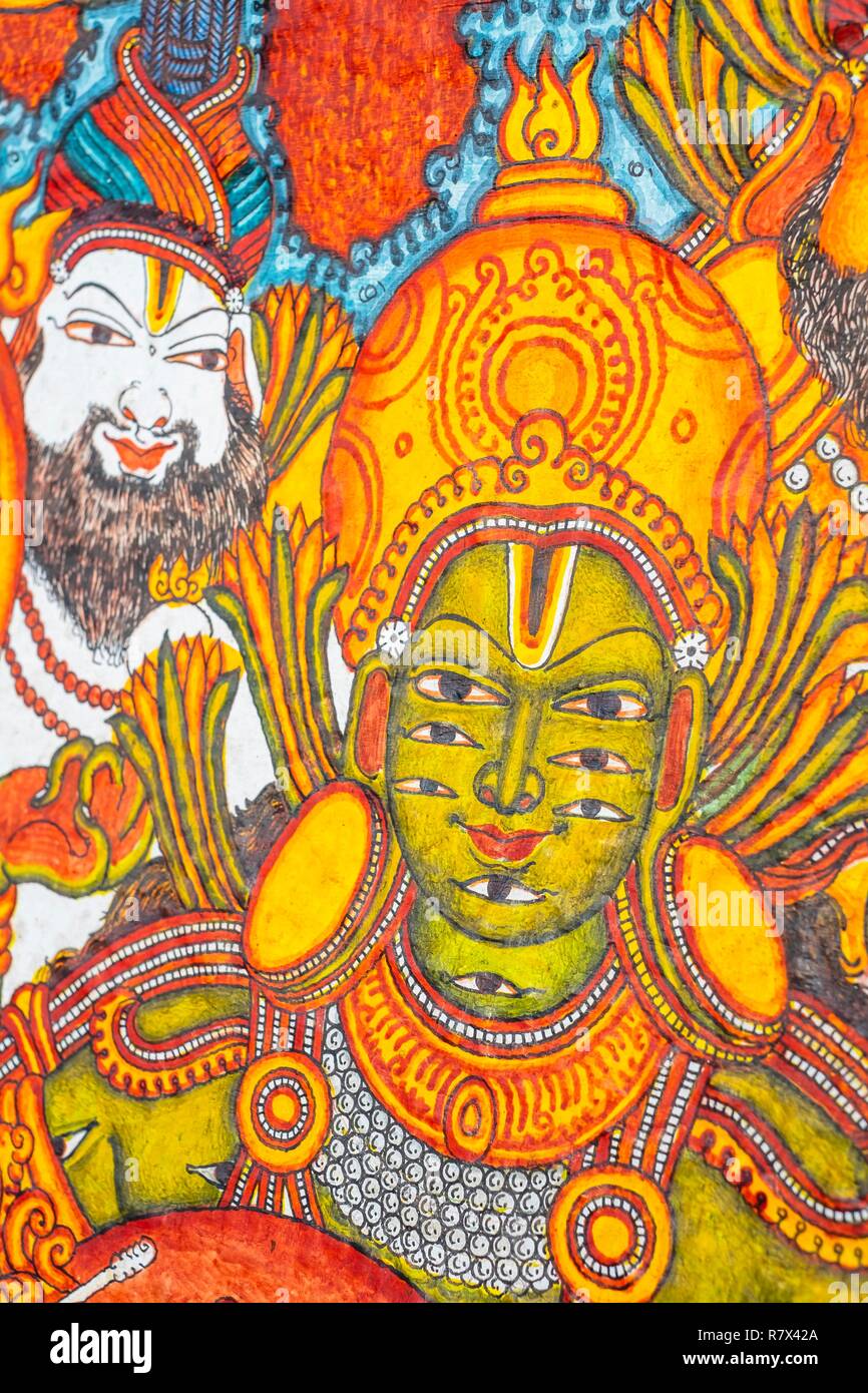 India, stato del Kerala, Guruvayur, luogo di pellegrinaggio in Sri Krishna temple, dipinti ad affresco raffigurante Krishna la vita Foto Stock