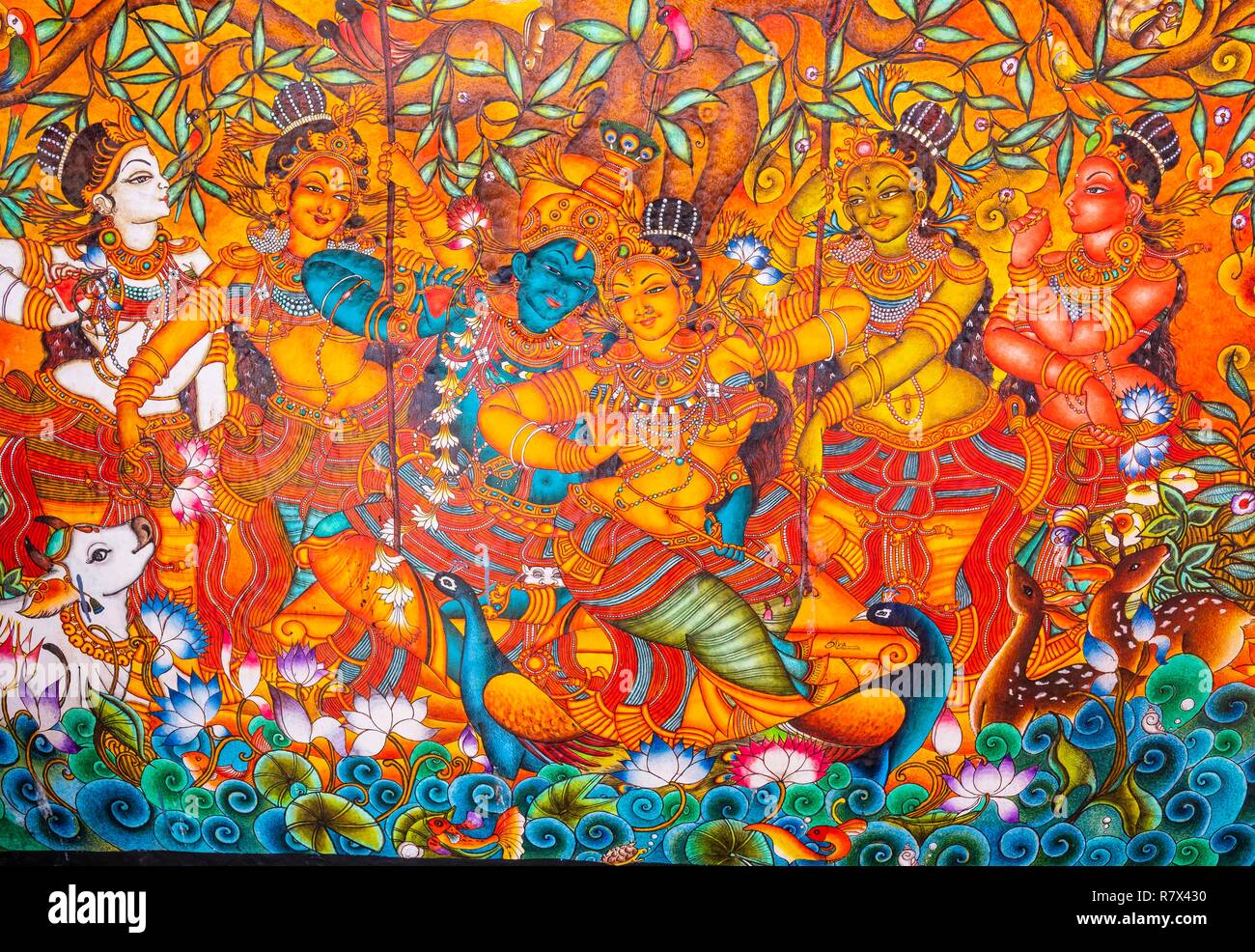 India, stato del Kerala, Guruvayur, luogo di pellegrinaggio in Sri Krishna temple, dipinti ad affresco raffigurante Krishna la vita Foto Stock