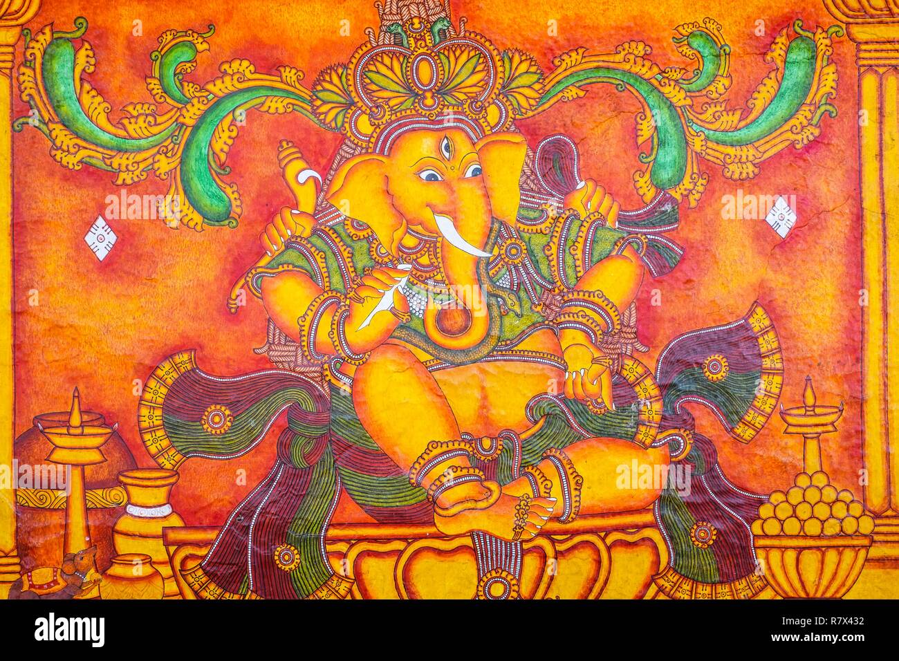 India, stato del Kerala, Guruvayur, luogo di pellegrinaggio in Sri Krishna temple, dipinti ad affresco raffigurante Krishna la vita Foto Stock