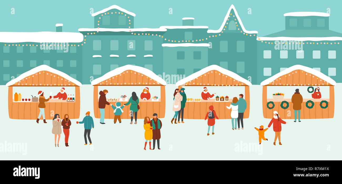 Illustrazione vettoriale di un mercatino di Natale o vacanze outdoor fiera sulla piazza con persone shopping, bevendo un vin brulé e avente un resto con il Illustrazione Vettoriale