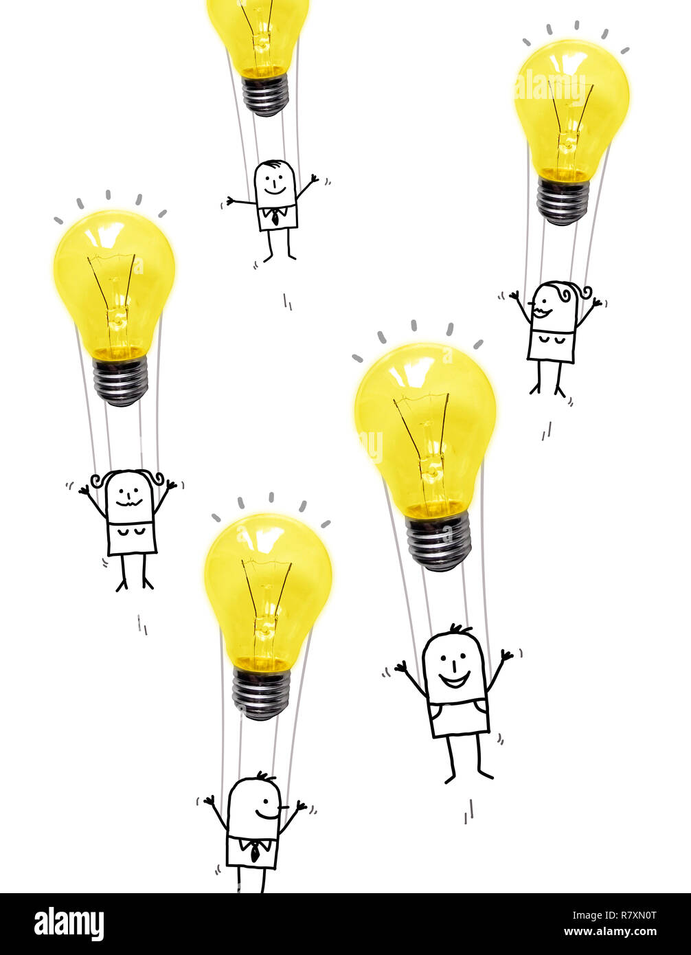Disegnata a mano Cartoon di persone in aria con lampadine palloncini Foto Stock