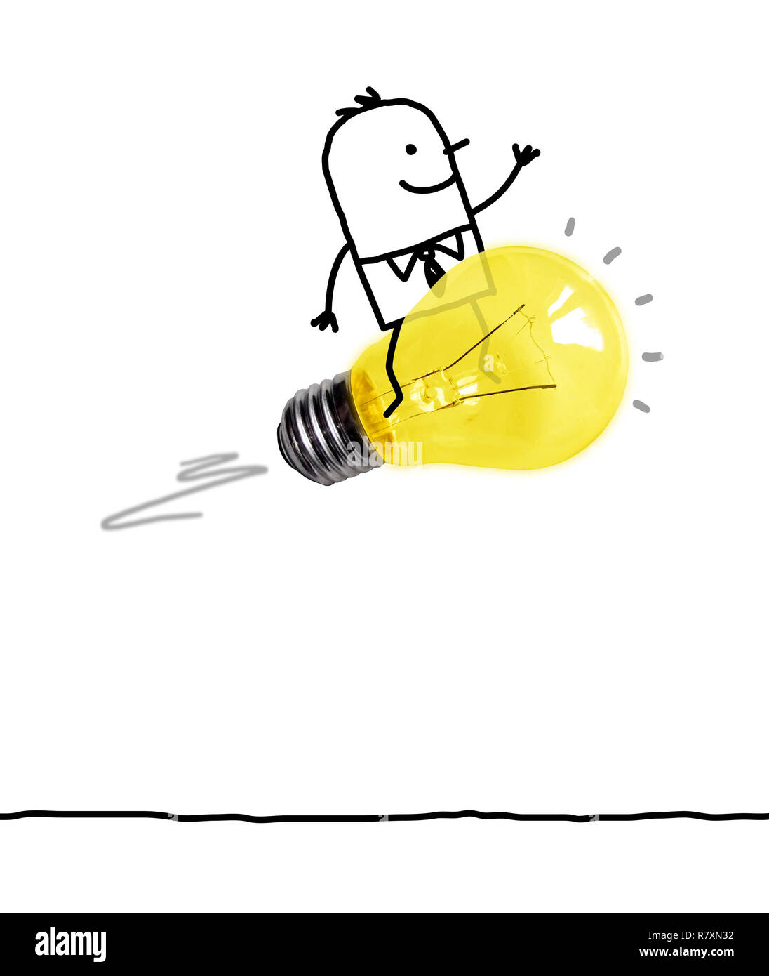 Disegnata a mano Cartoon uomo a cavallo di una lampadina Rocket Foto Stock