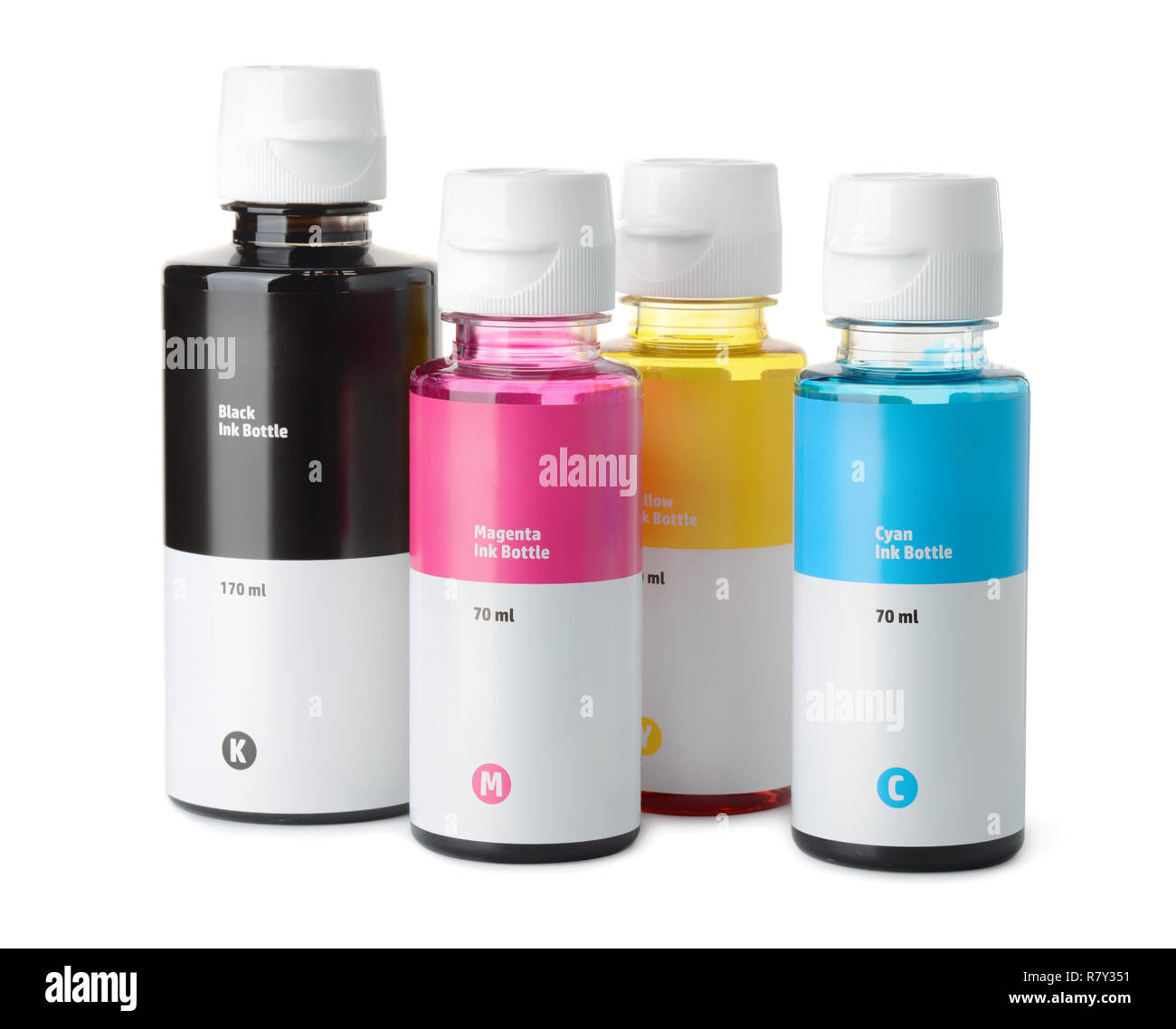 Set di inchiostro stampante bottiglie isolato su bianco Foto Stock