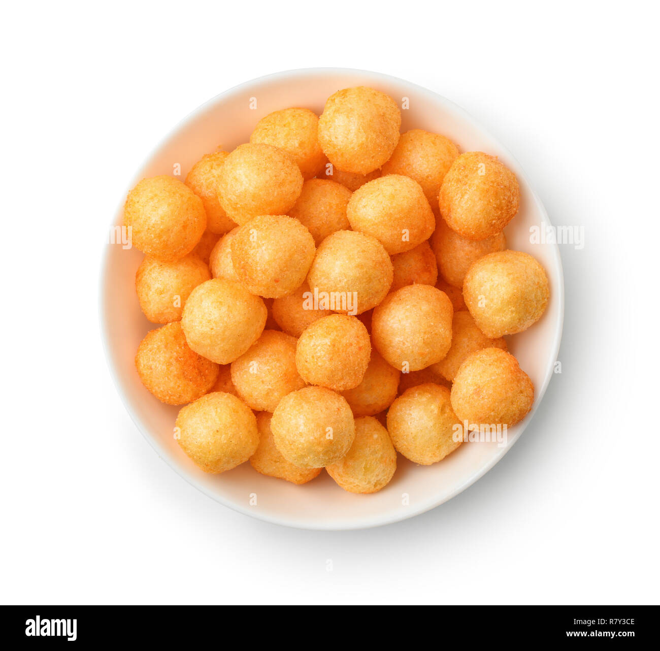 Vista superiore del formaggio pasta sfere nel recipiente isolato su bianco Foto Stock