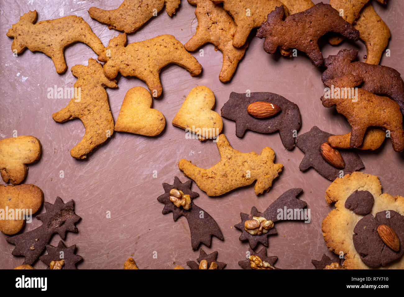 Ceca tradizionale Natale gingerbread cookie sul vassoio con carta da forno, vista dall'alto Foto Stock