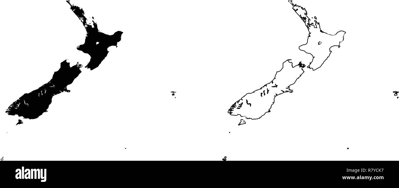 Semplice (solo angoli acuti) Mappa di Nuova Zelanda disegno vettoriale. Proiezione di Mercatore. Riempito e contorno versione. Illustrazione Vettoriale