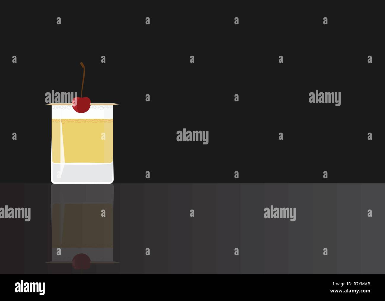 Whisky Sour nero su sfondo con mirroring. Illustrazione Vettoriale per la stampa e web, invito alla festa o decorazione di menu Illustrazione Vettoriale
