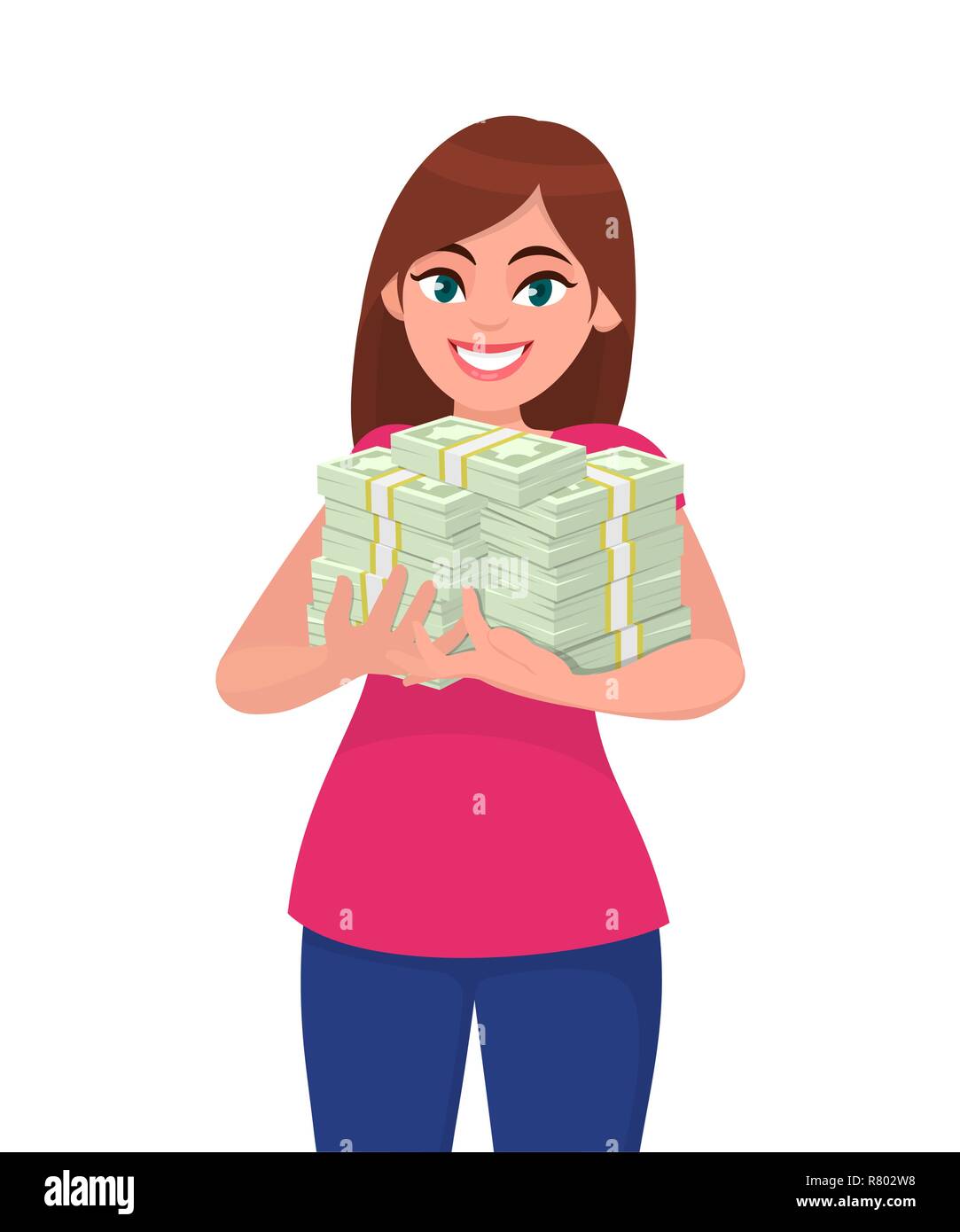 Donna di successo giovane affari felice che tiene in mano contanti / denaro / valuta / banconote. Illustrazione del concetto di business e finanza in vettoriale Illustrazione Vettoriale