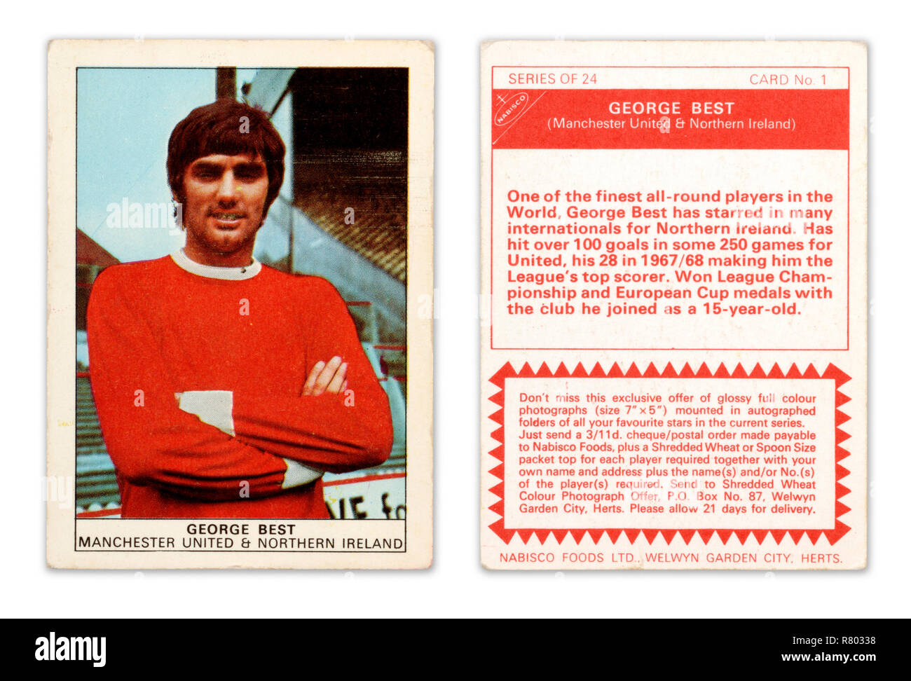 La parte anteriore e posteriore di un Nabisco giocatore di football card dal 1970 con George Best gioca per il Manchester United e Irlanda del Nord Foto Stock