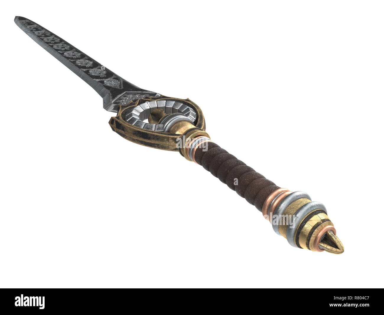 Fantasy spada lunga con motivi e pelle sul manico isolato su un fondo bianco. 3d illustrazione Foto Stock