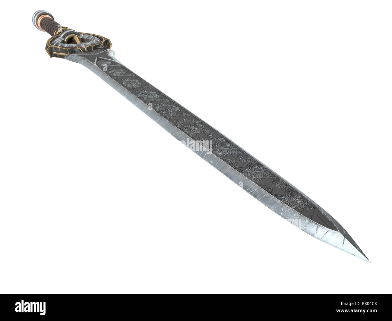Fantasy spada lunga con motivi e pelle sul manico isolato su un fondo bianco. 3d illustrazione Foto Stock