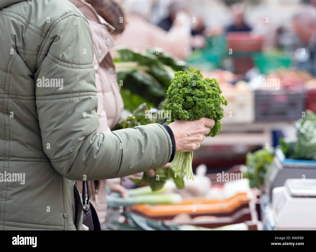 Privas (sud-est della Francia): mercato del sabato mattina. Mano di un cliente, donna, tenendo un mazzetto di prezzemolo. Foto Stock