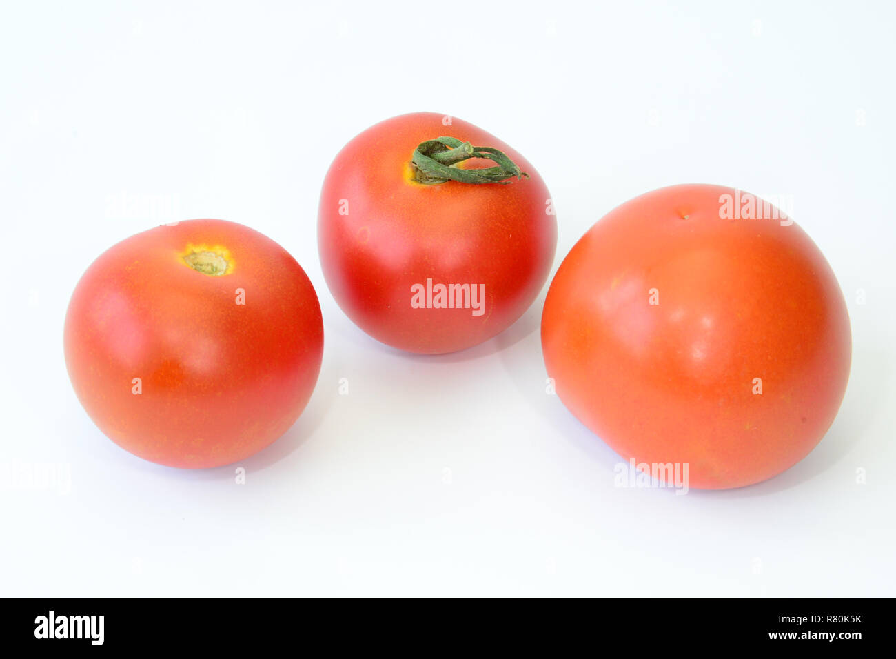 (Pomodoro Solanum lycopersicumm), varietà: Harzfeuer. Tre frutti maturi. Studio Immagine contro uno sfondo bianco Foto Stock