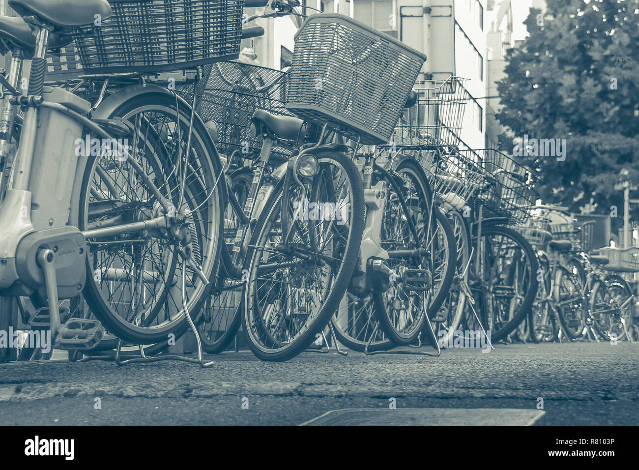 Le biciclette parcheggiate vicino al mercato del pesce Tsukiji a Tokyo Foto Stock