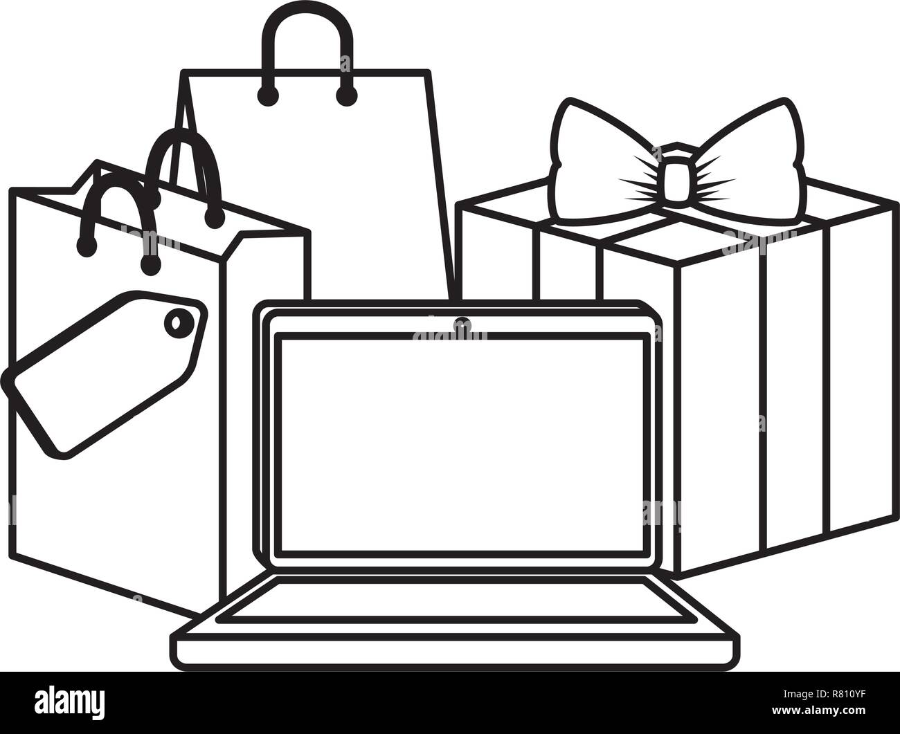 Computer portatile con borsa da shopping e dono illustrazione vettoriale design Illustrazione Vettoriale