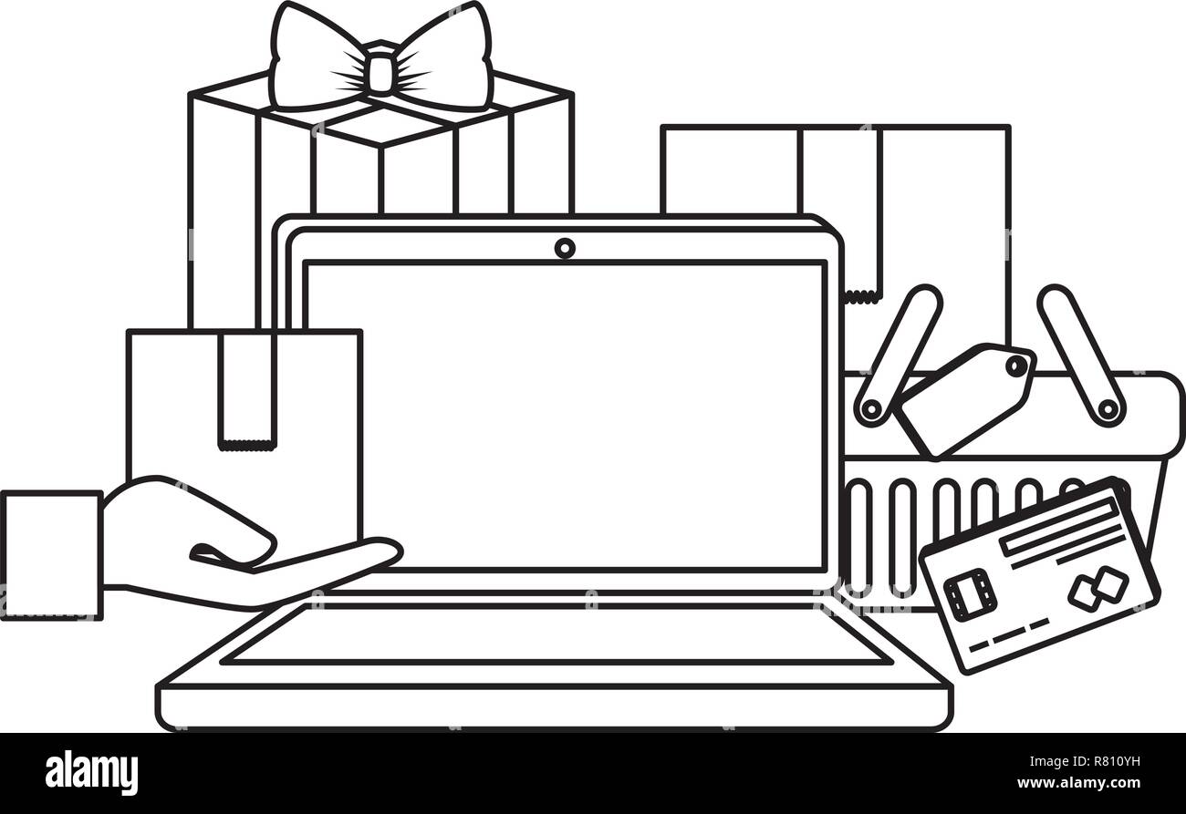 Computer portatile con borsa da shopping e dono illustrazione vettoriale design Illustrazione Vettoriale