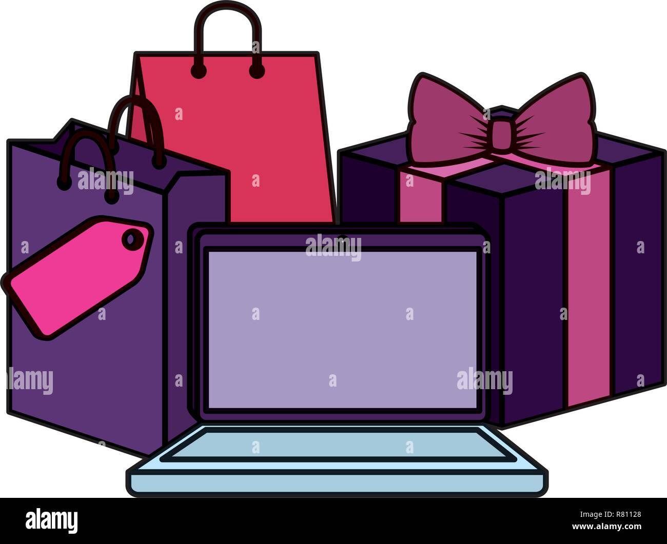 Computer portatile con borsa da shopping e dono illustrazione vettoriale design Illustrazione Vettoriale