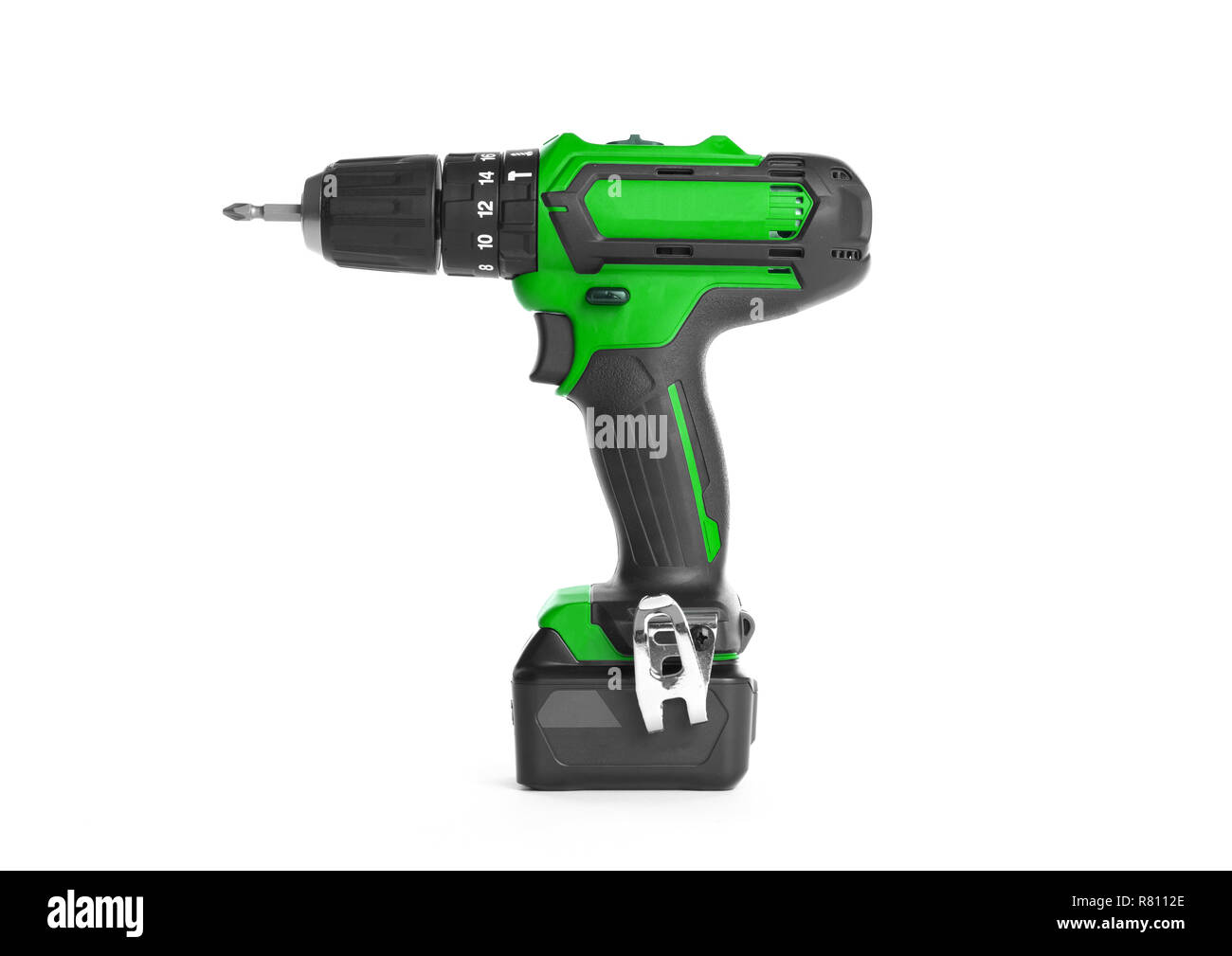 Giraviti a batteria o il trapano elettrico isolato su uno sfondo bianco Foto Stock