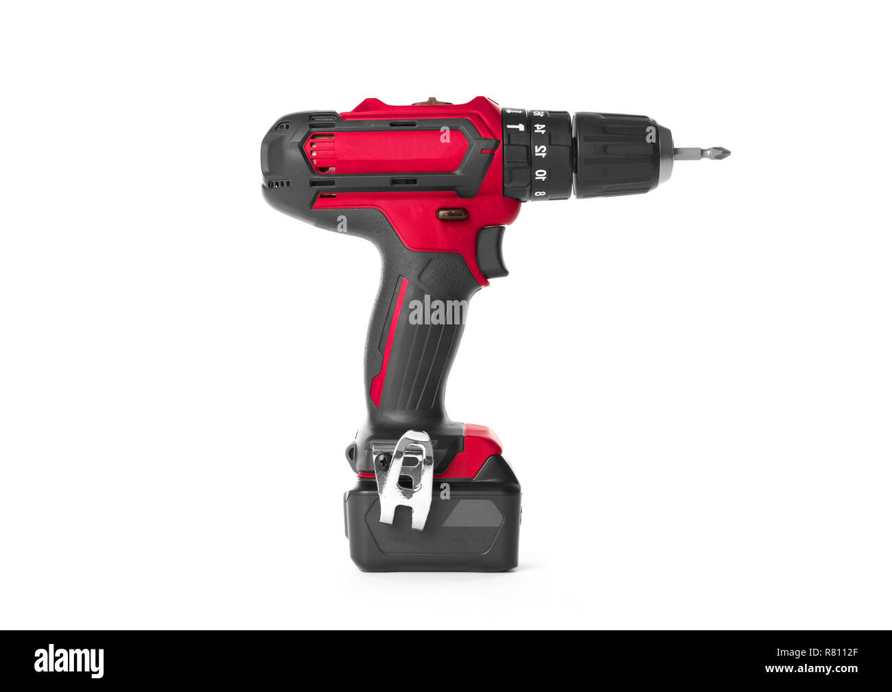 Giraviti a batteria o il trapano elettrico isolato su uno sfondo bianco Foto Stock