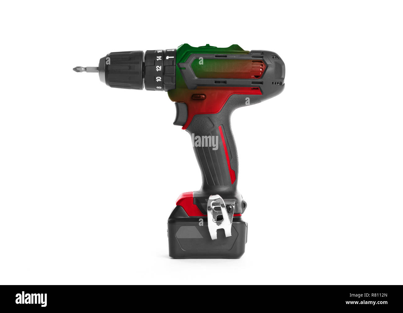Giraviti a batteria o il trapano elettrico isolato su uno sfondo bianco Foto Stock