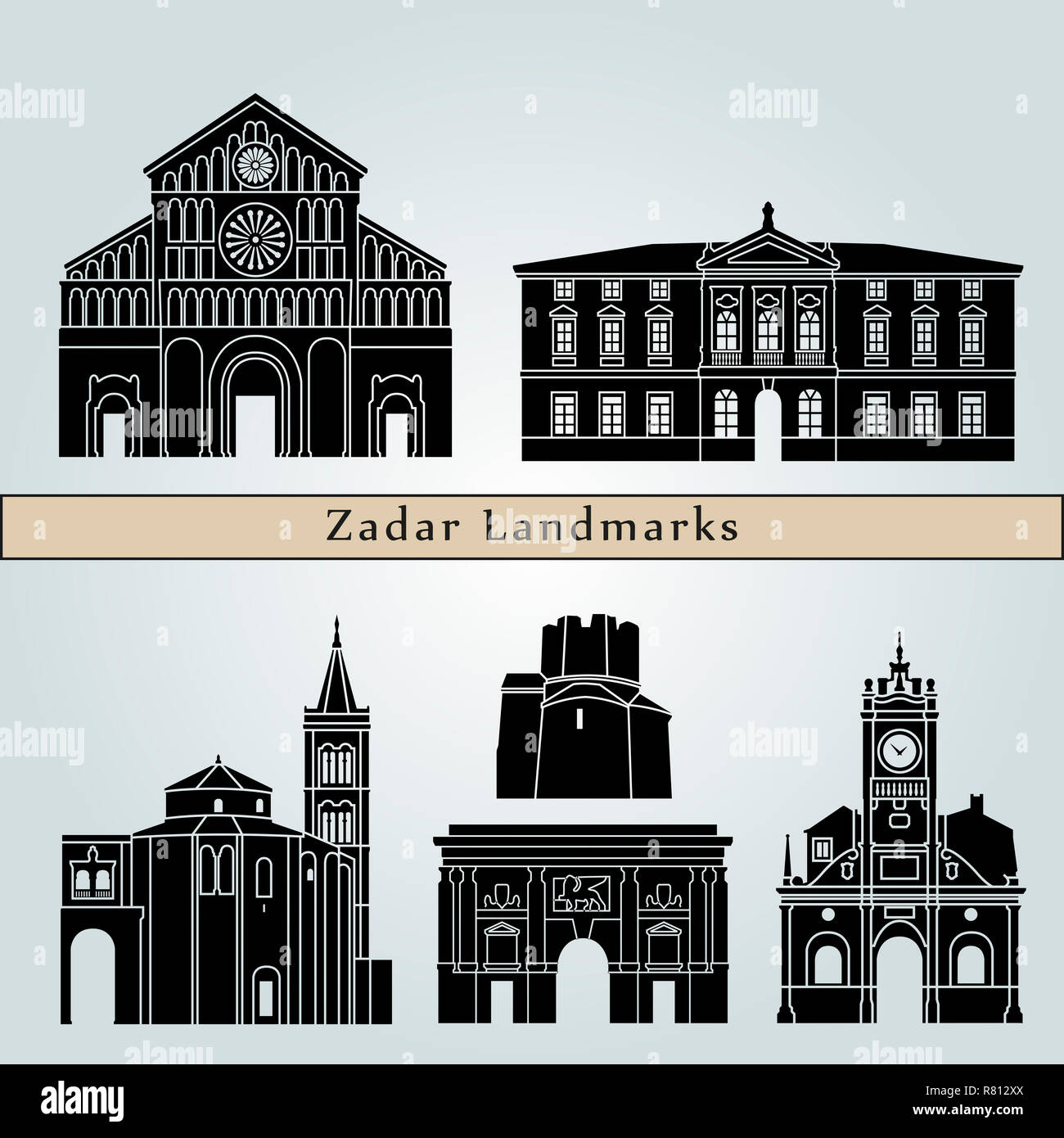Zadar monumenti e luoghi di interesse isolato su sfondo blu modificabile nel file vettoriale Foto Stock