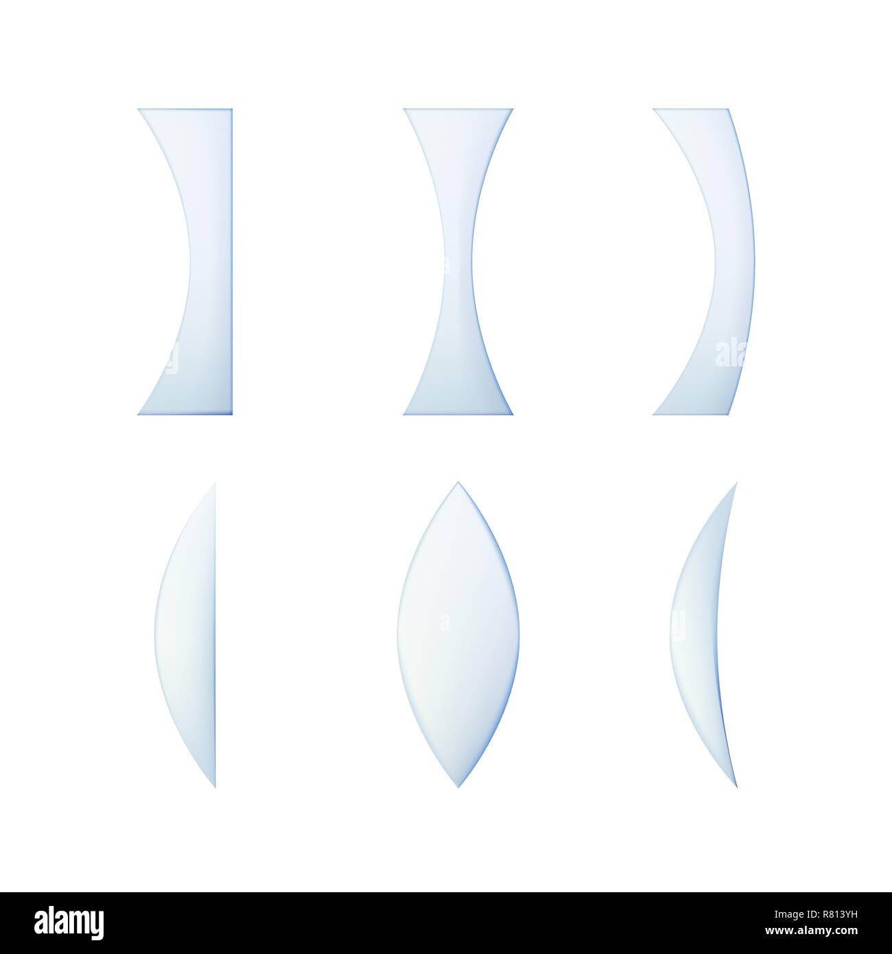 Set di lenti in vetro di diverse sezioni trasversali. Illustrazione Vettoriale. Raccolta di vitreo ottico. Illustrazione Vettoriale