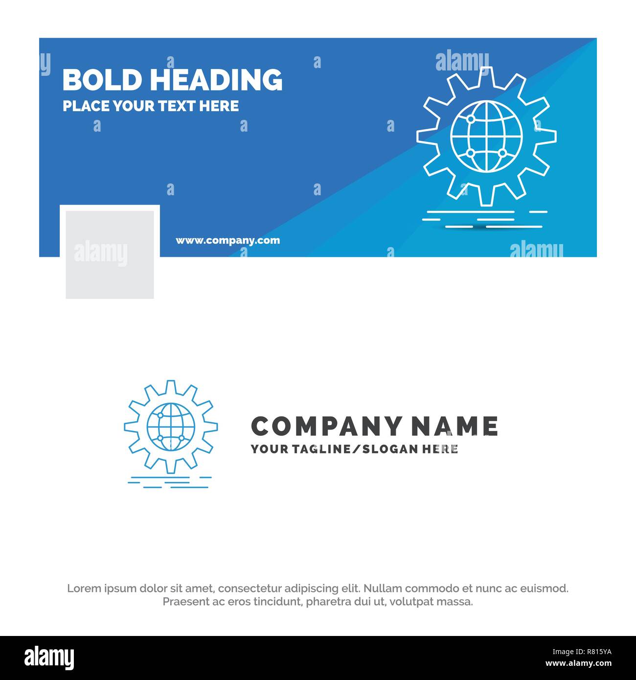 Blu del logo aziendale modello per international business, Globe, world wide, ingranaggio. Facebook Timeline Design Banner. vettore banner web illust sfondo Illustrazione Vettoriale