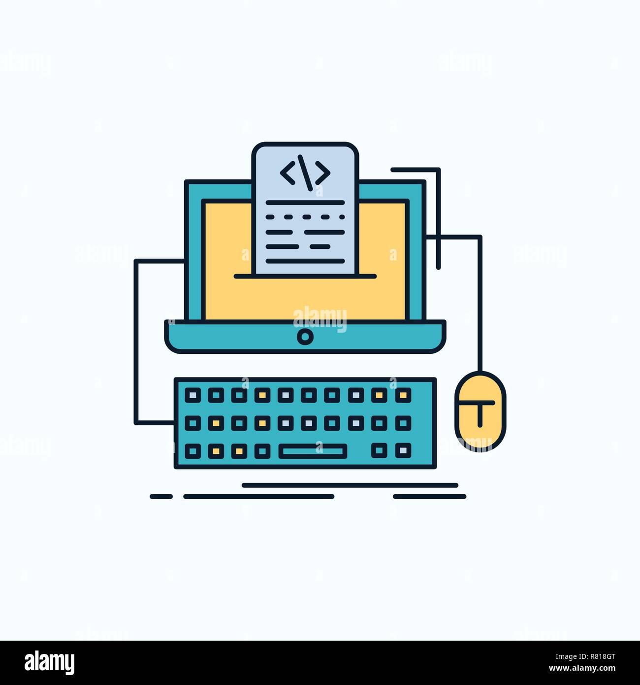 Il codice, la codifica, computer, monoblocco, schermo piatto. Icona verde e il cartello giallo e i simboli per il sito web e mobile appliation. illustrazione vettoriale Illustrazione Vettoriale