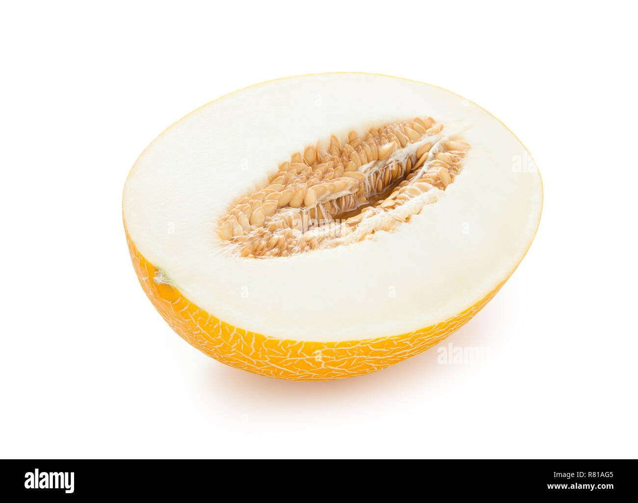 Il melone. La metà dei meloni maturi isolati su sfondo bianco. Il melone in un taglio Foto Stock