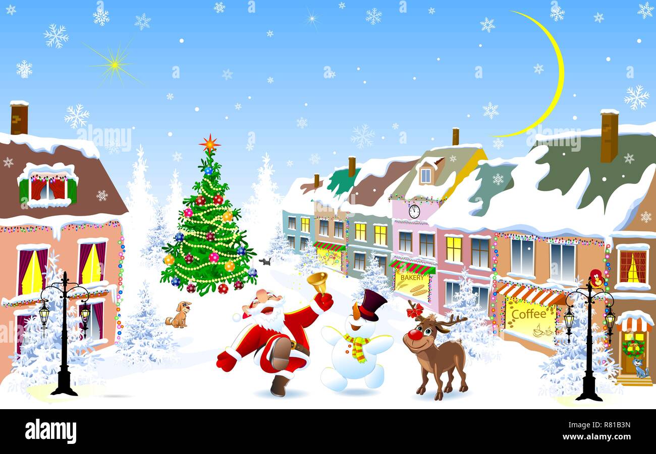 Strada di città in inverno la notte di Natale. Santa, il cervo e il pupazzo felice di salutare il Natale. Albero di natale. Case coperte di neve. Notte invernale sul Illustrazione Vettoriale