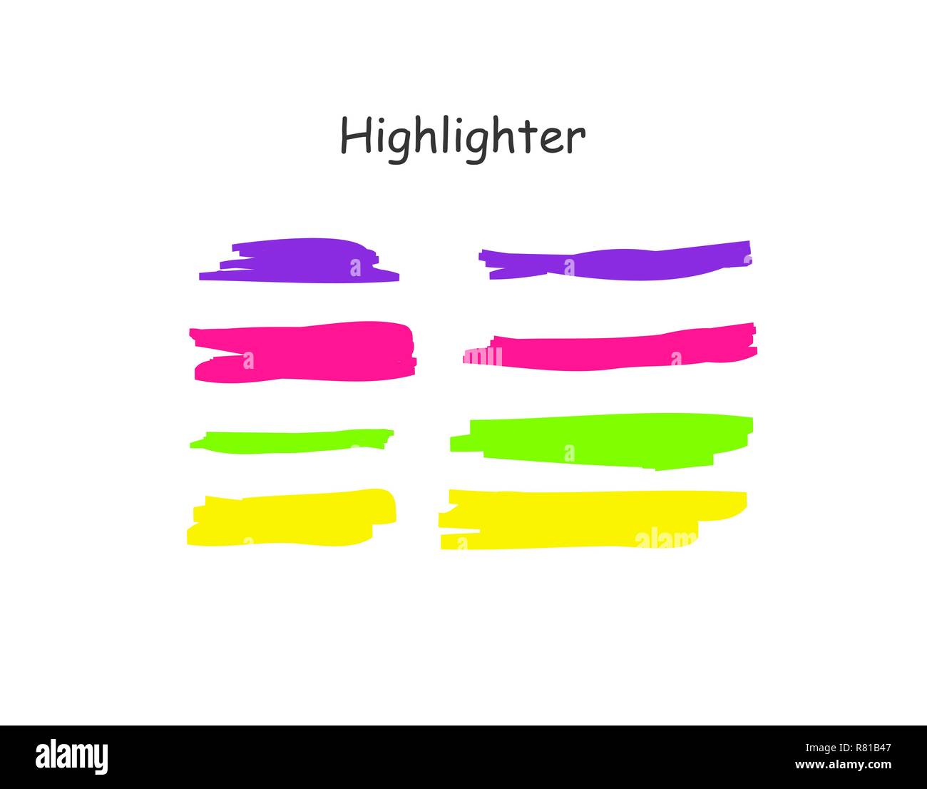Evidenziare il tratto di pennello set. Vettore marcatore colore linee penna. Giallo, rosa, viola, verde sottolineano disegnati a mano evidenziare i tratti su sfondo bianco Illustrazione Vettoriale