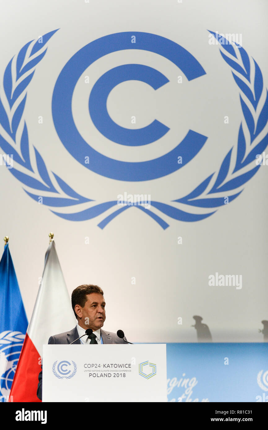 Edson Goncalves di Duarte, Ministro dell'ambiente del Brasile visto parlare durante la seconda parte del segmento ad alto livello al COP24 Conferenza ONU sui Cambiamenti Climatici 2018. Foto Stock