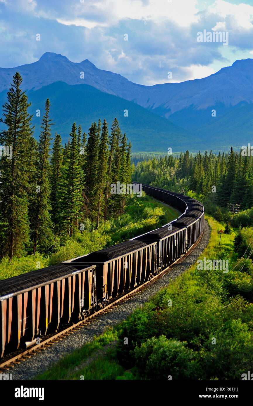 Un'immagine verticale di un treno caricato con la parte superiore aperta vetture di carbone in viaggio verso le montagne rocciose di Alberta in Canada Foto Stock