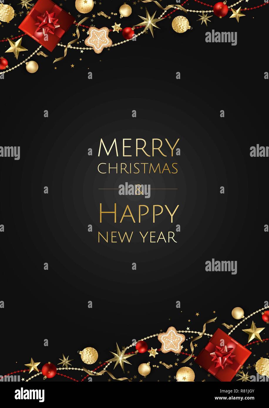 Buon Natale e Felice Anno Nuovo. Xmas sfondo con scatola regalo, fiocchi di neve e le sfere di design. Illustrazione Vettoriale